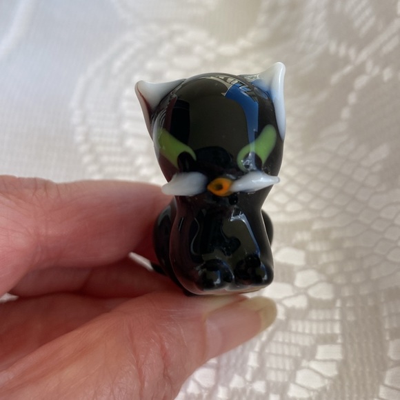 Vintage Black Cat with Green Eyes Lampwork Glass Figurine. Handmade. - Picture 3 of 7